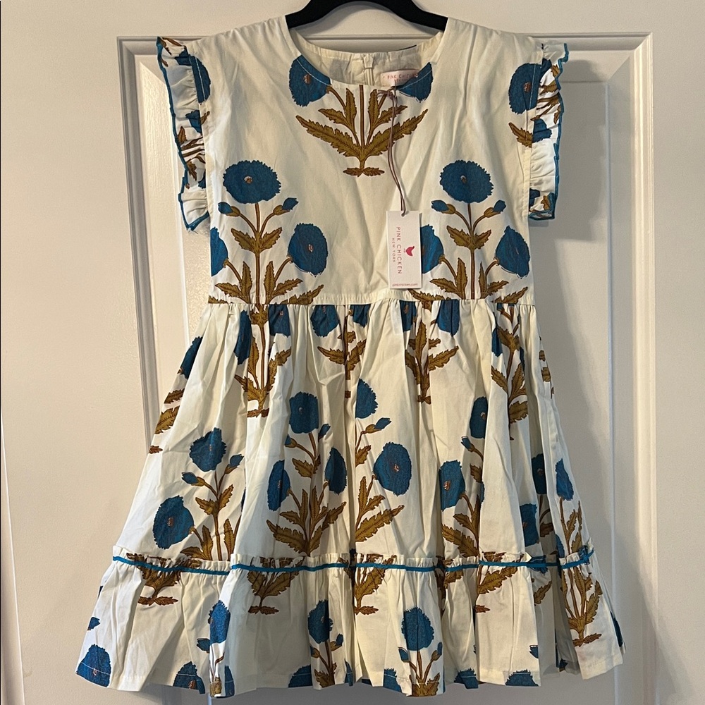 Pink Chicken Blue and Brown Floral Kids Dress